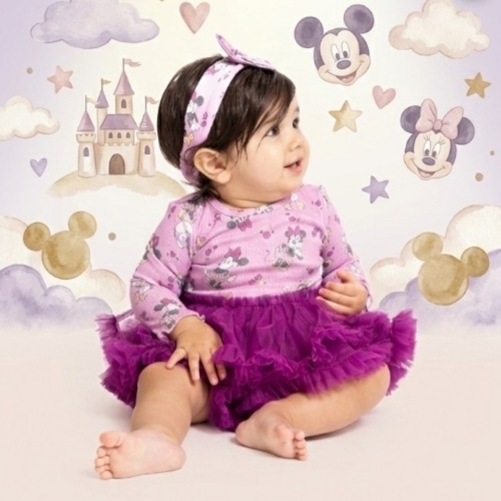 Minnie Mouse Baby Girls Tutu Bodysuit with Matching Headband Set